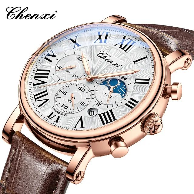 Relógio Masculino Chenxi 973 Cronógrafo Couro Marrom Rose Gold - Foto 5