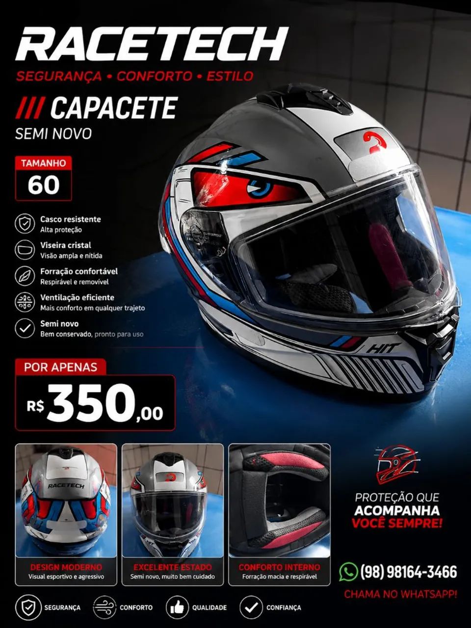 Capacete semi novo RACETECH 