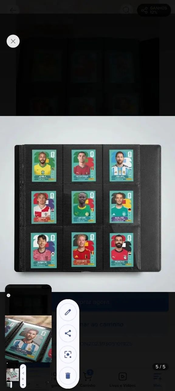 Pasta de figurinhas Panini com os CR7 Messi e Neymar e outro 