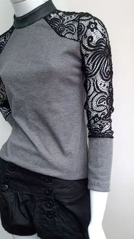 Blusa em malha canelada com renda - Foto 5