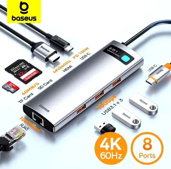 Hub Adaptador Baseus tipo C 8 em 1 HDMI 4k 60hz para Macbook