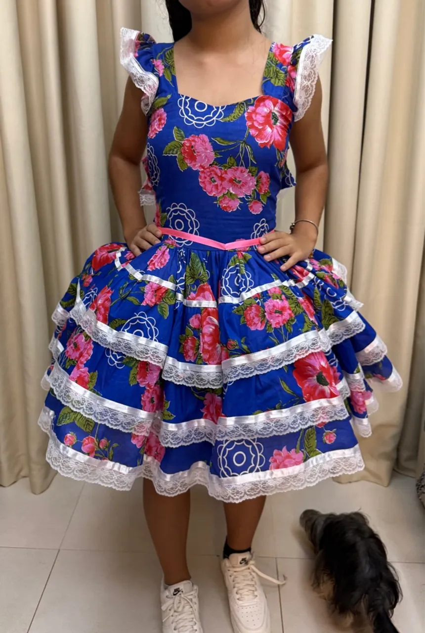 Vestido Azul Floral Festa Junina