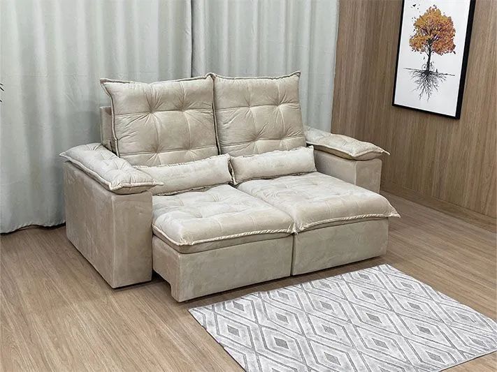 Sofá Retrátil 2 Lugares 200cm Veludo Bege