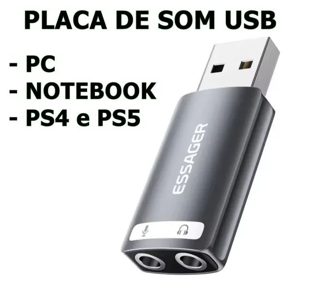 Placa de som USB - Original ESSAGER - Fone e Microfone - PC - NOTEBOOK - PS4 - PS5 - Foto 3