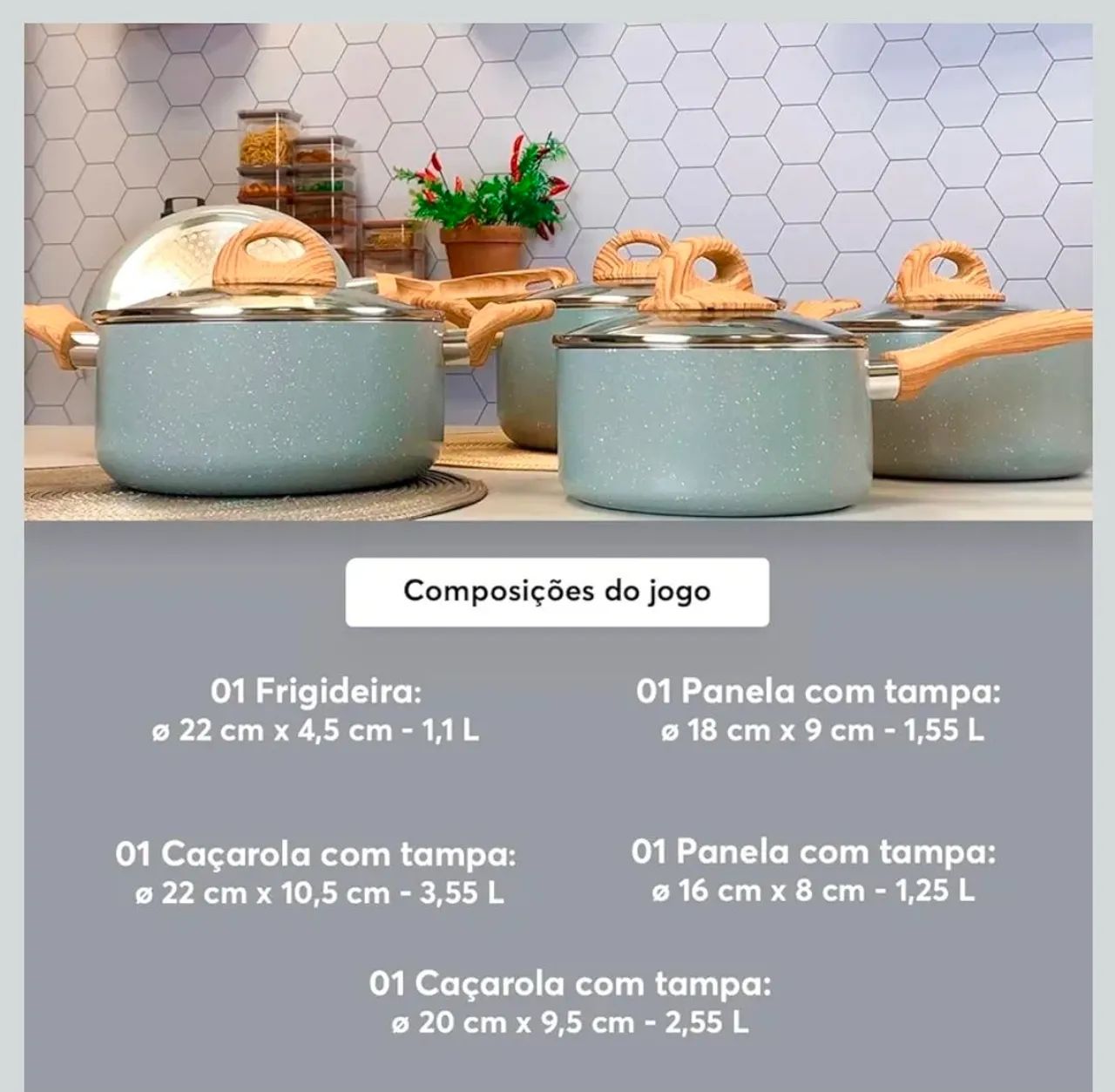 Jogo de Panelas Ceramic Life 5 Peças Smart Plus com Fundo de Indução - Cinza Wooden - Foto 6