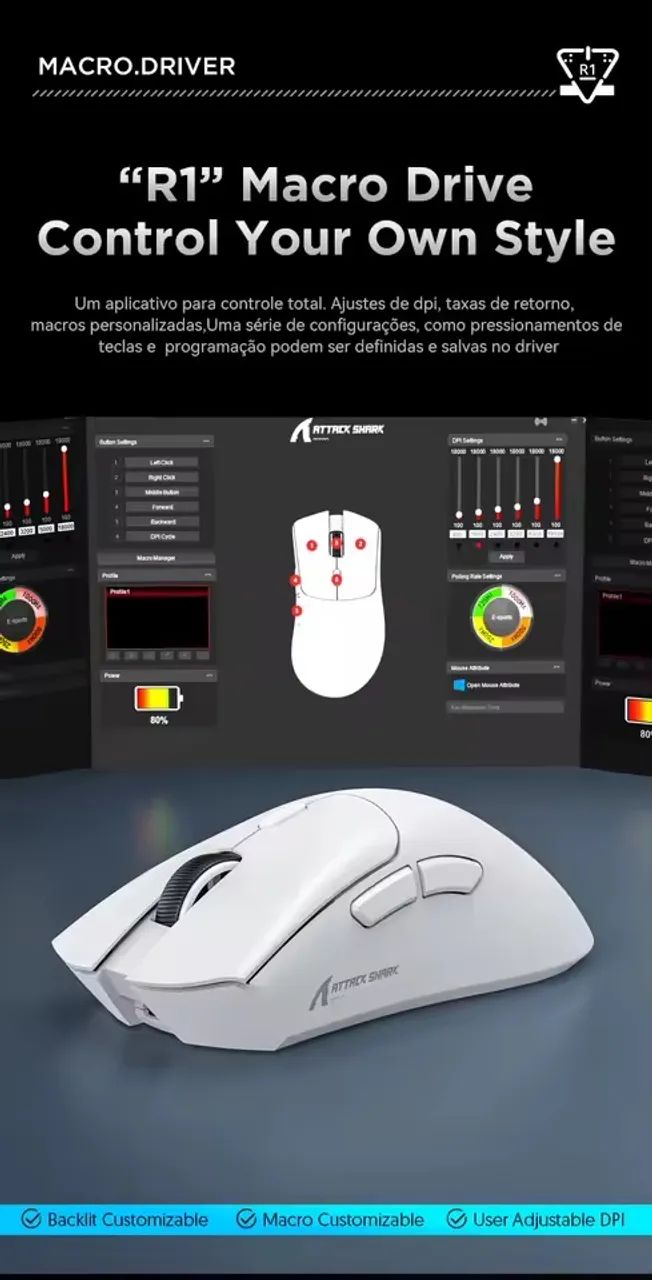 NOVO! Mouse Gamer Attack Shark R1 | 60g, Tri-Mode, Sensor 3311! - Foto 3