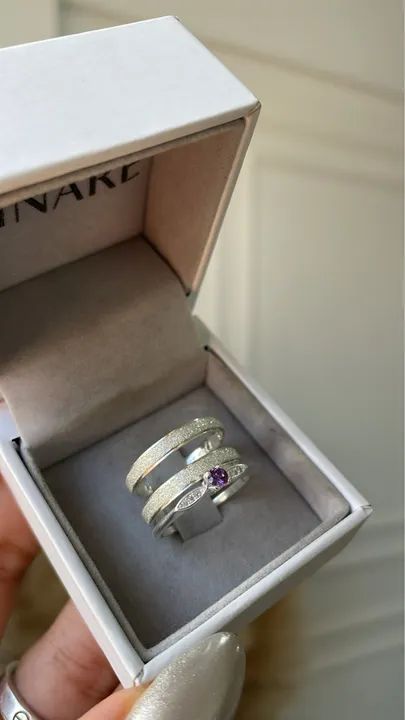 Par de Aliança com Anel solitário Lilac na Prata 950 - Foto 2