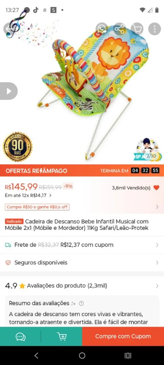Cadeira de Descanso Musical para Bebê Safari/Leão-Protek