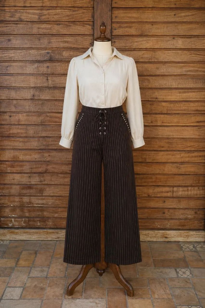 Calça vintage marrom de veludo e risca de giz  - Foto 2