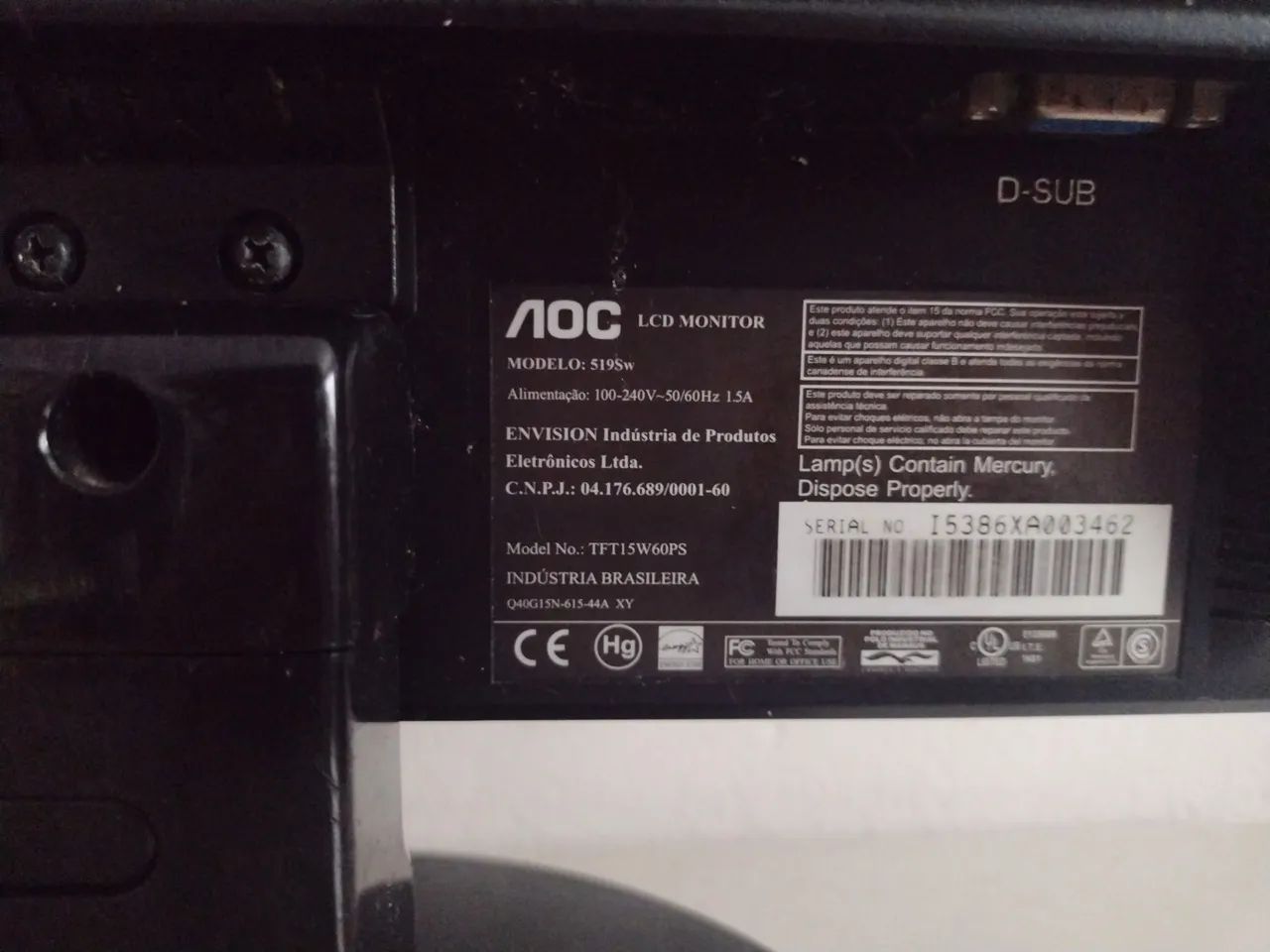 Monitor AOC 15" LCD 519SW-VGA-Funcionando Perfeitamente - Foto 3