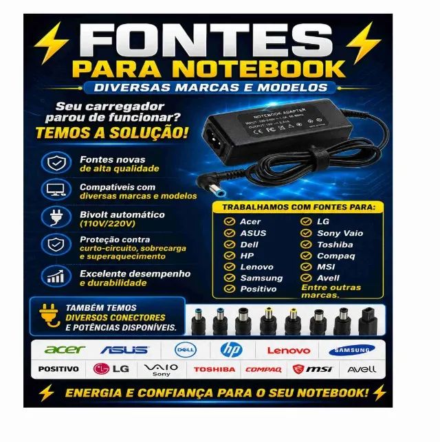 Fonte para notebook diversas marcas e modelos 