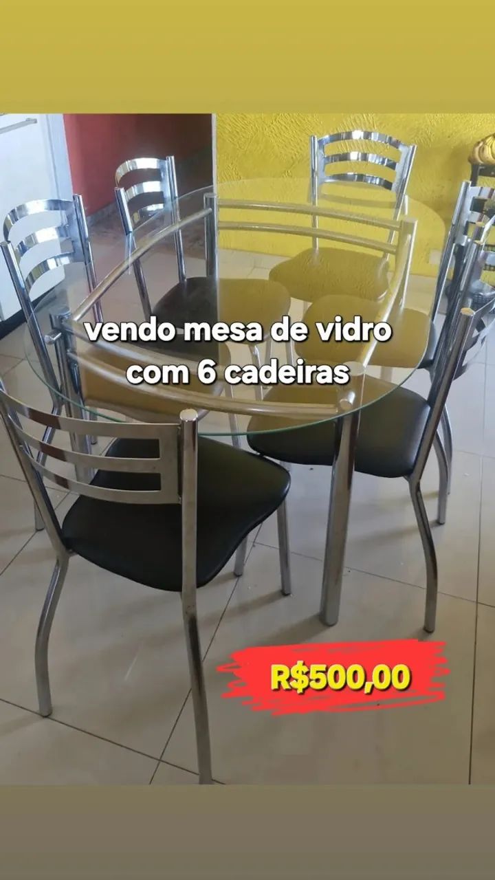 Mesa de vidro oval 6 cadeiras