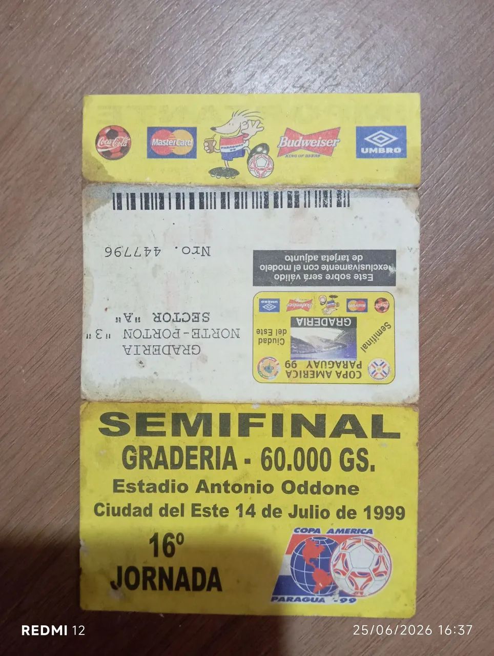 um ingresso original da semifinal da Copa América de 1999.