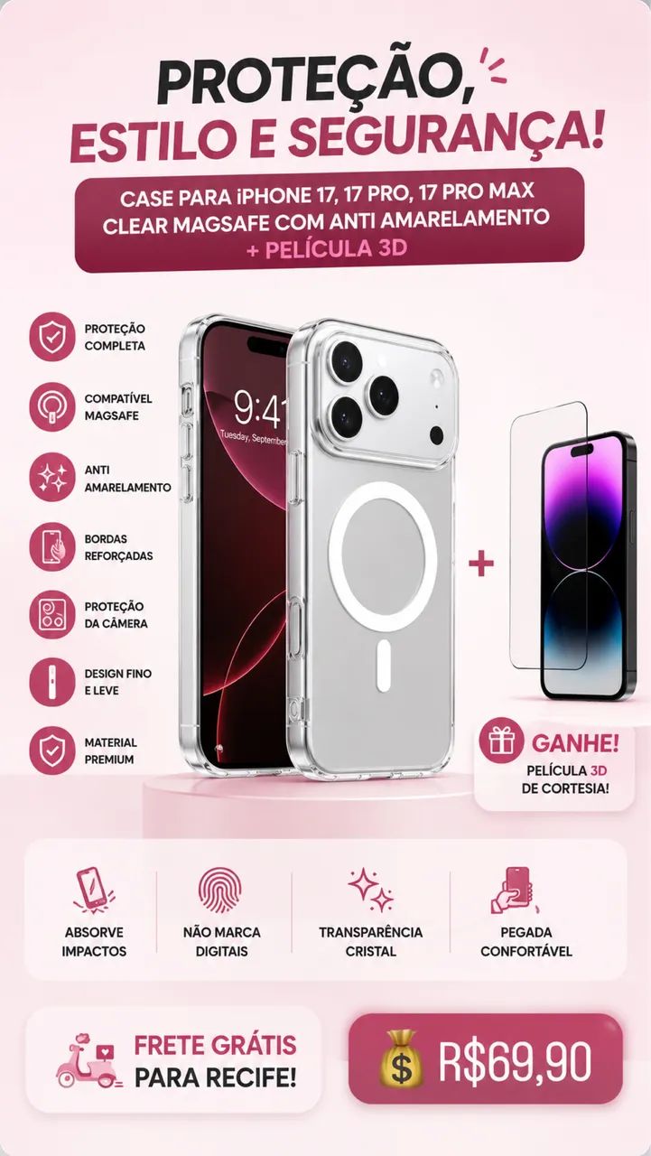 Capa iPhone 17 17 air 17 pro 17 pro max + película 3D 