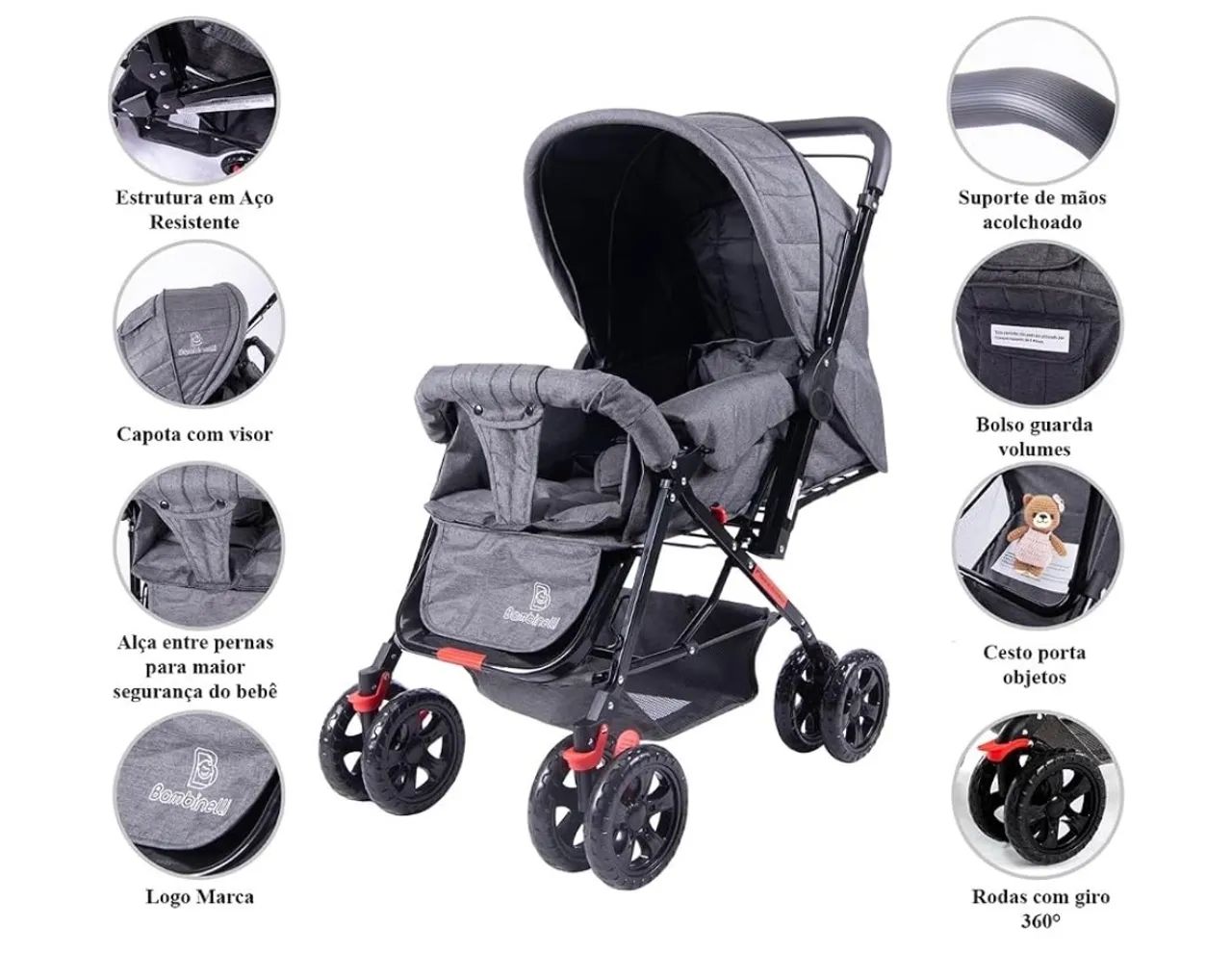 Carrinho de bebê passeio tipo berço multifuncional (preto) mescla Bambinelli - Foto 4