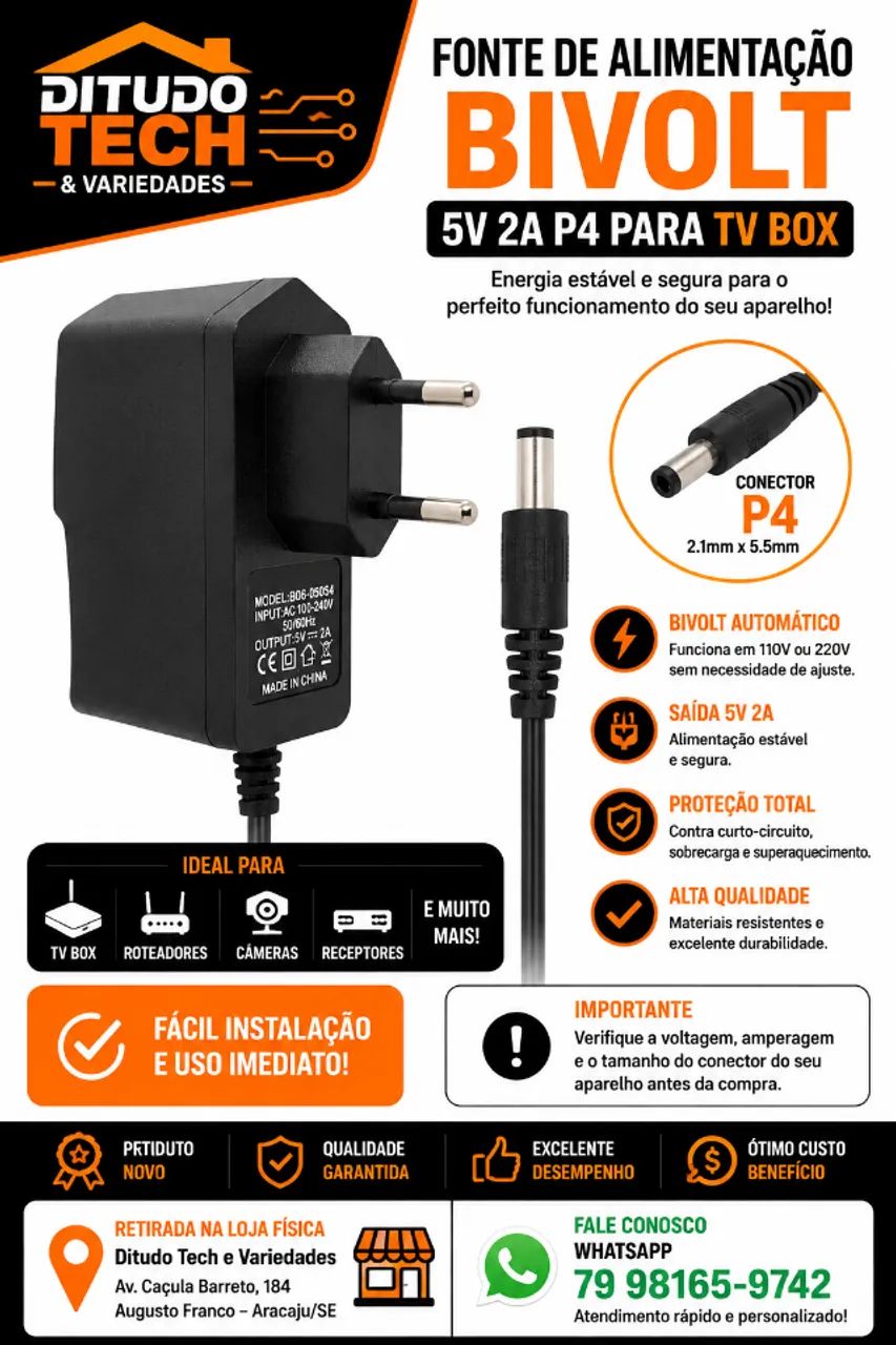 Fonte de Alimentação Bivolt 5V 2A P4 para TV Box - Novo - Ditudo Tech e Variedades - Foto 2