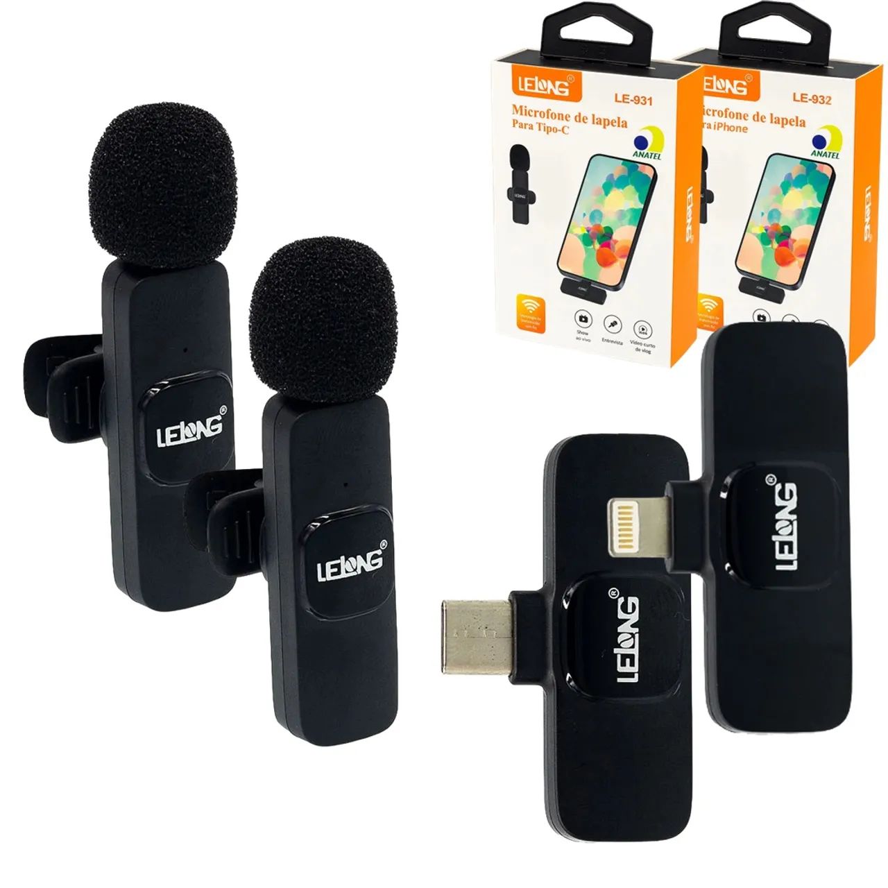 Kit Microfone Lapela duplo Sem Fio para Android USB-C e iPhone Lightning,  