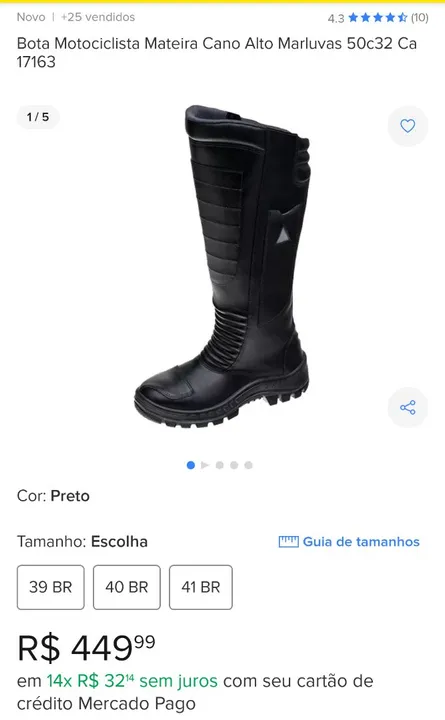 Bota Motociclista Cano alto Marluvas( Tam 41 )