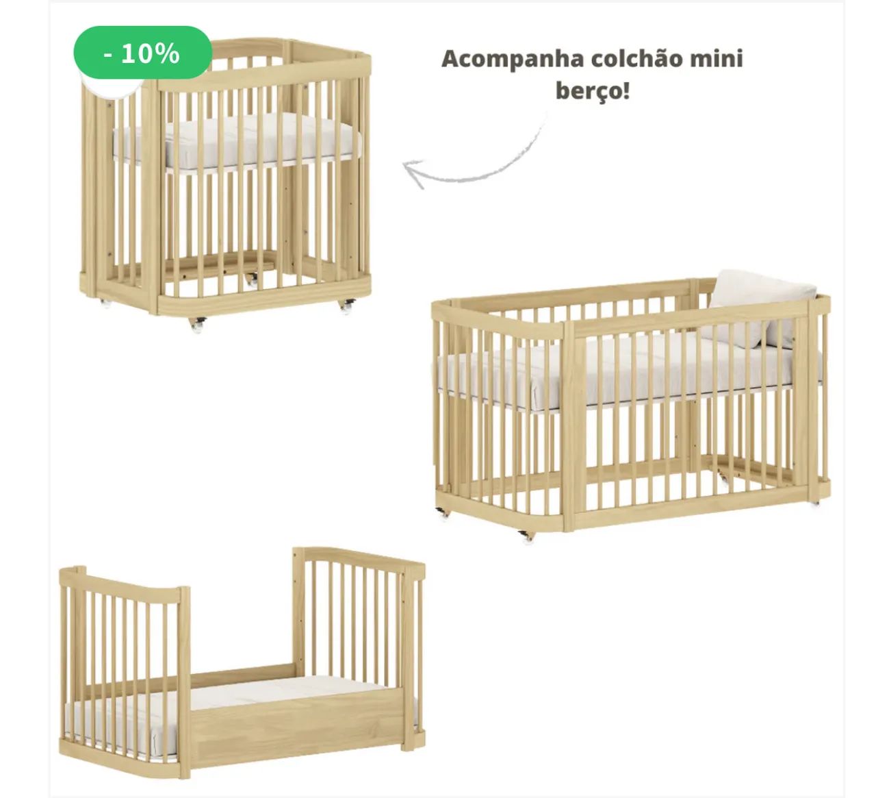 Berço  evolutivo 3 em 1 com Colchão