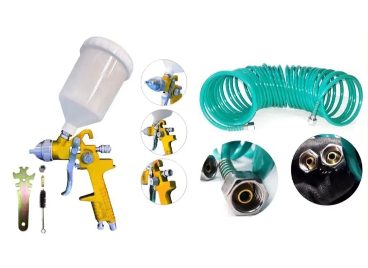 KIT PISTOLA DE PINTURA GRAVIDADE CANECA PLÁSTICA 600ML E MANGUEIRA 10M ASPIRAL 1