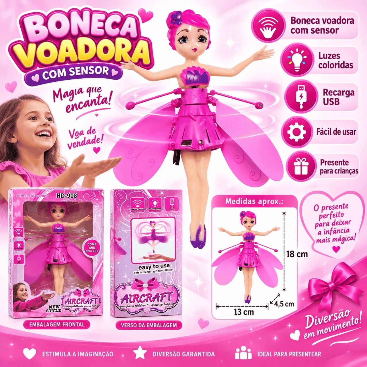 Boneca Fada Voadora Com Sensor Led Usb Brinquedo Infantil - Foto 2