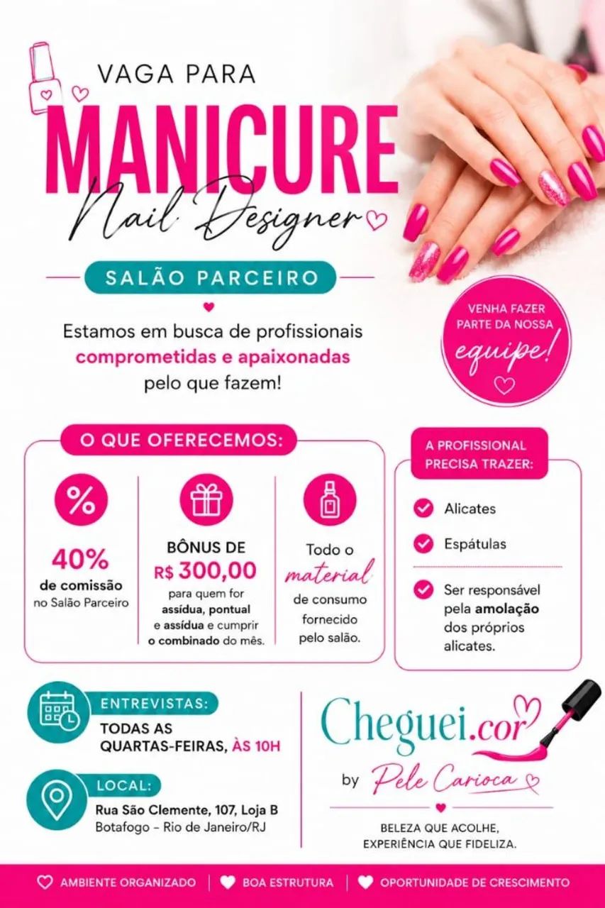 Vaga para manicure, pedicure e Nails Designers 