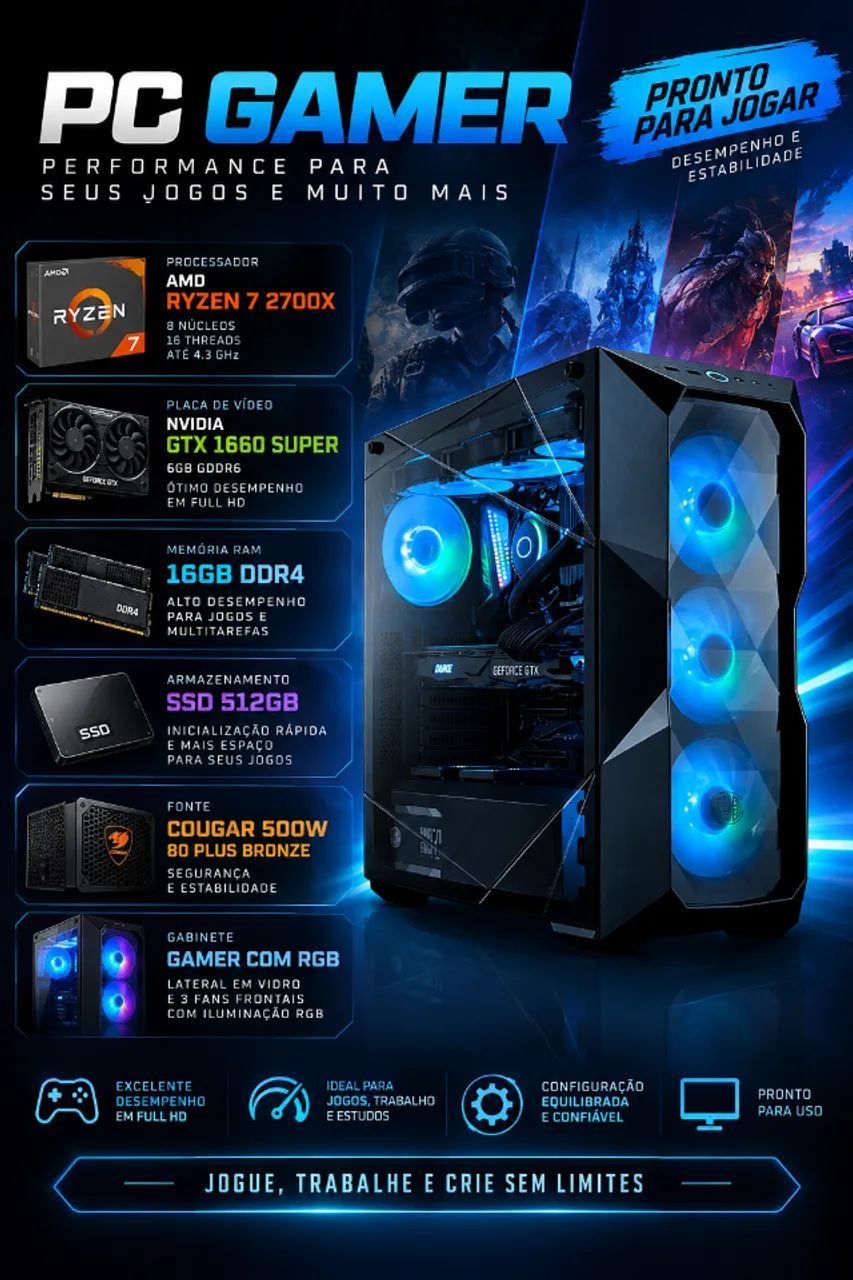 ゲーミングPC/Ryzen7 2700/GTX1660Super/メモリ16GB PC Gamer GTX 1660 SUPER 6GB + Ryzen 7 2700X | 16GB DDR4 | SSD