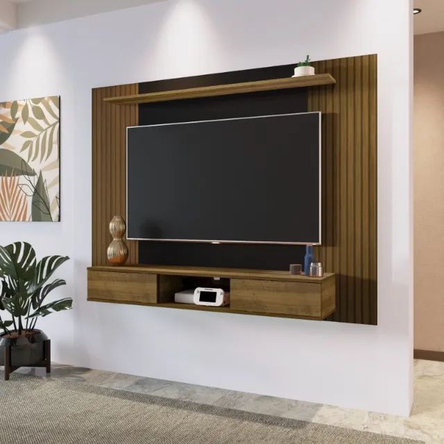 Painel TV até 75" com Rack e Prateleira Preto com Ripado 176cm 