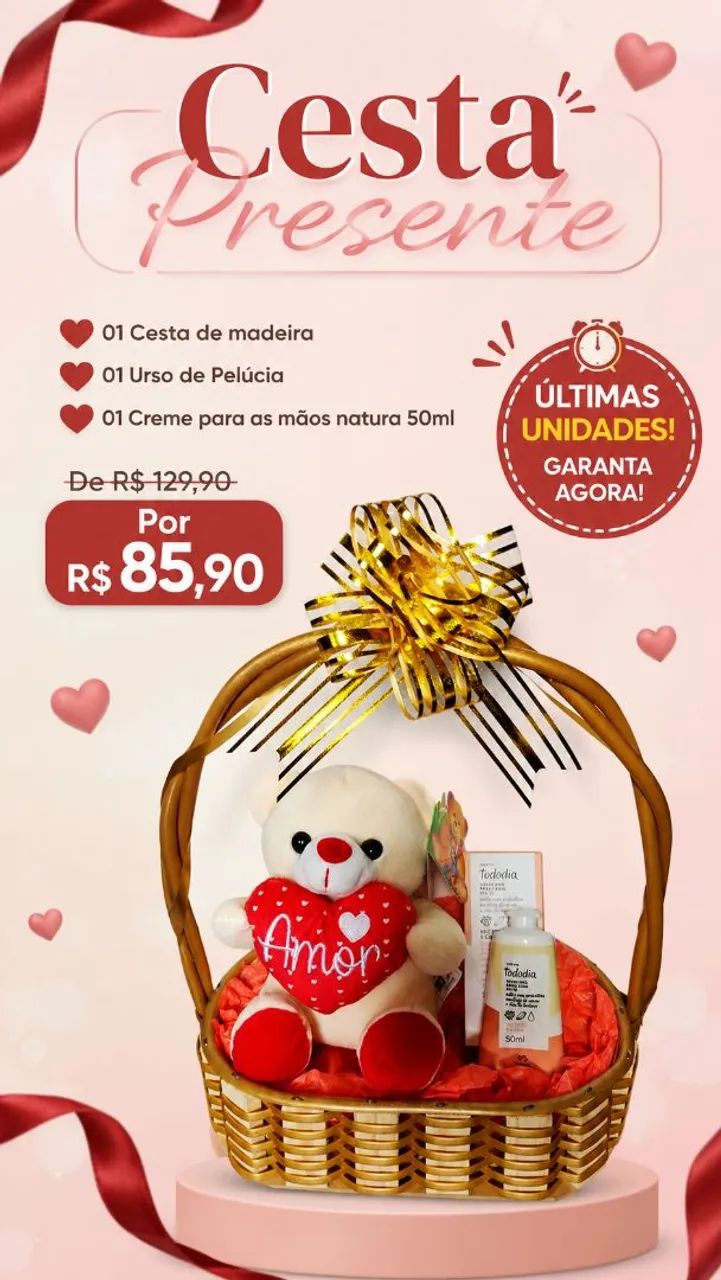 Promoção Cesta presente com urso pelúcia e creme para as mãos natura - Foto 3