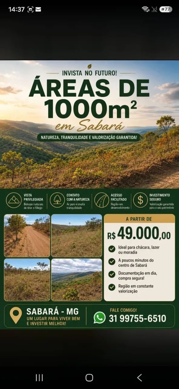 CHÁCARAS DE 1000 M² EM SABARÁ