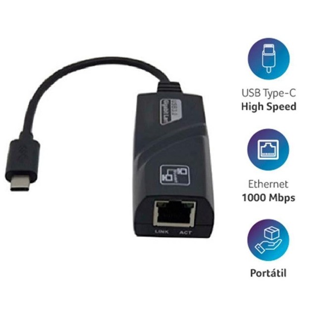 Cabo Adaptador De Rede Usb-C Type X Rj45 10/100/1000mbps Gigabit KP-AD103 - Foto 2