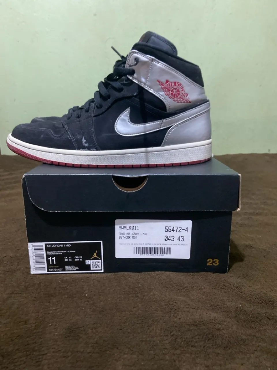 Tênis Air Jordan 1 Mid ?Silver Metallic/Red? Original - Tamanho 43 (US 11)