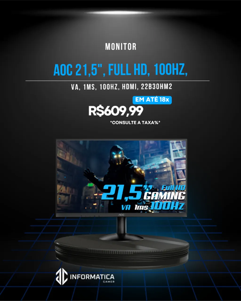 Monitor Gamer AOC 21,5 Pol, FULL HD, VA, LED, 1ms, 100Hz, HDMI (JCINFORMATICA)