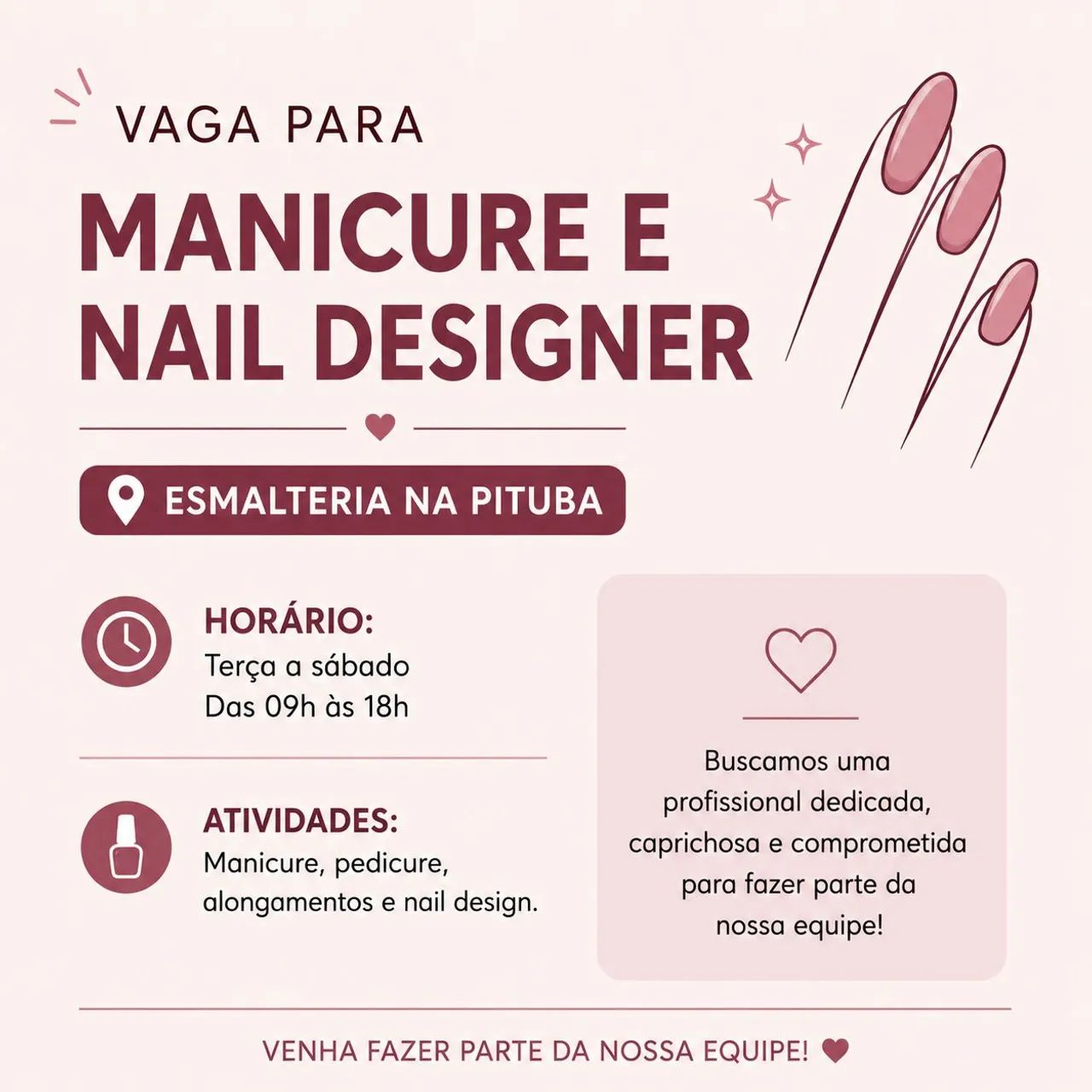 Vaga para manicure e nail designer