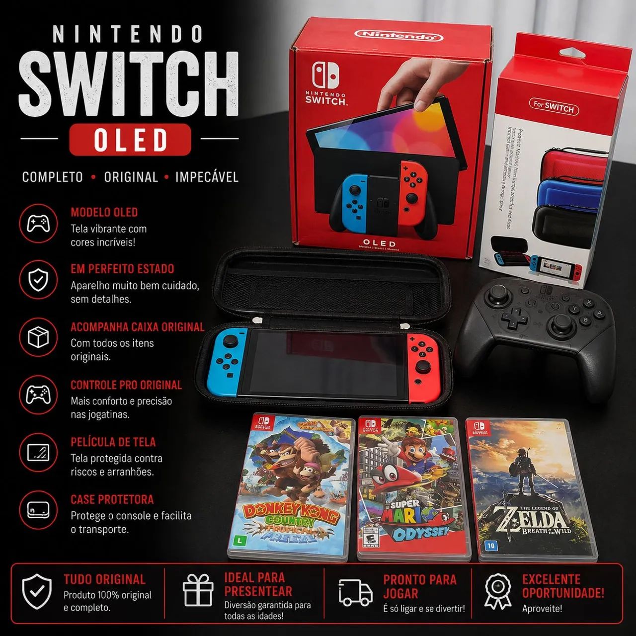 Nintendo Switch OLED + 3 Jogos + Pro Controller + Case + Caixa