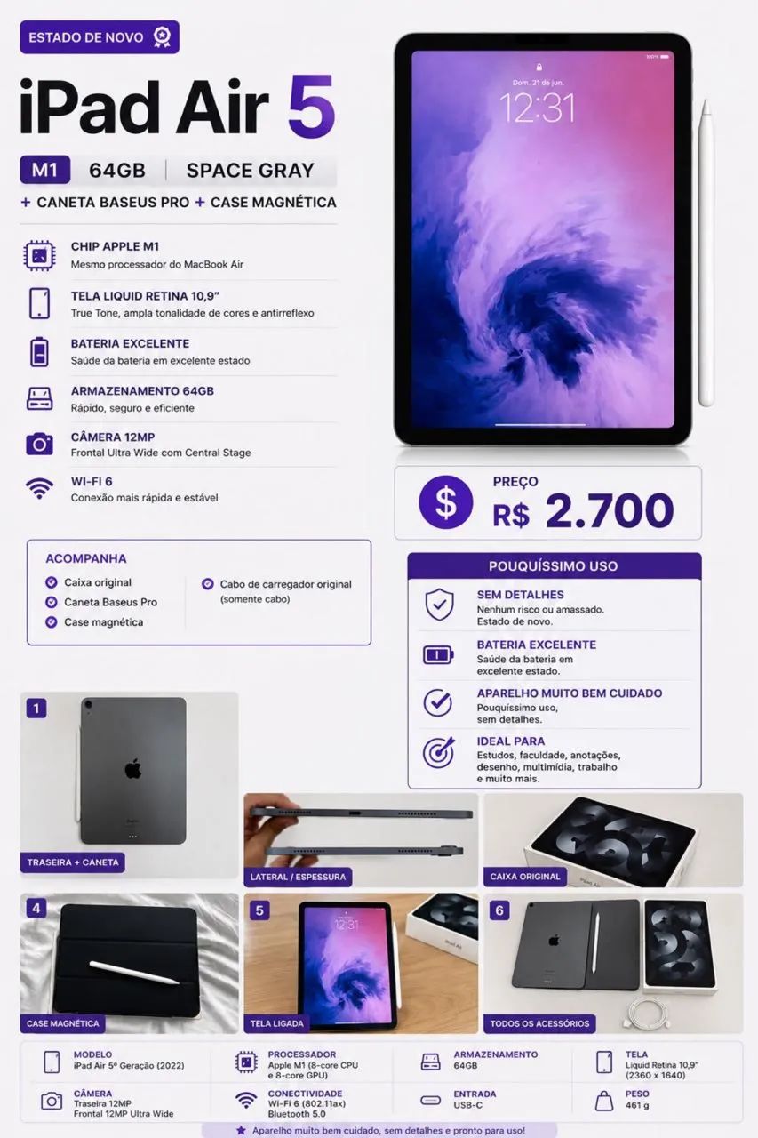 iPad Air 5 + caneta Baseus pro + case