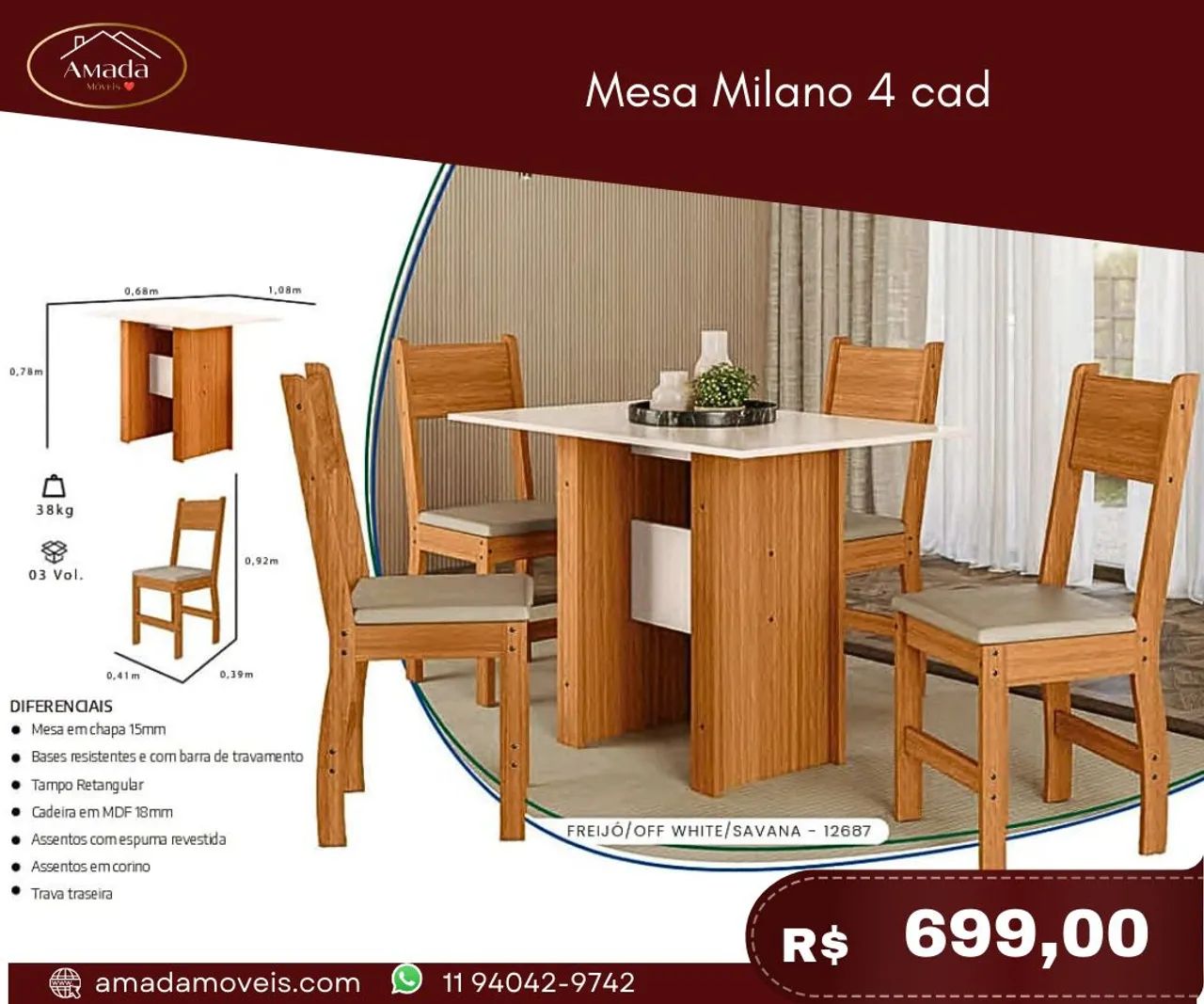Mesa com 4 cadeiras Mirela , à pronta entrega 