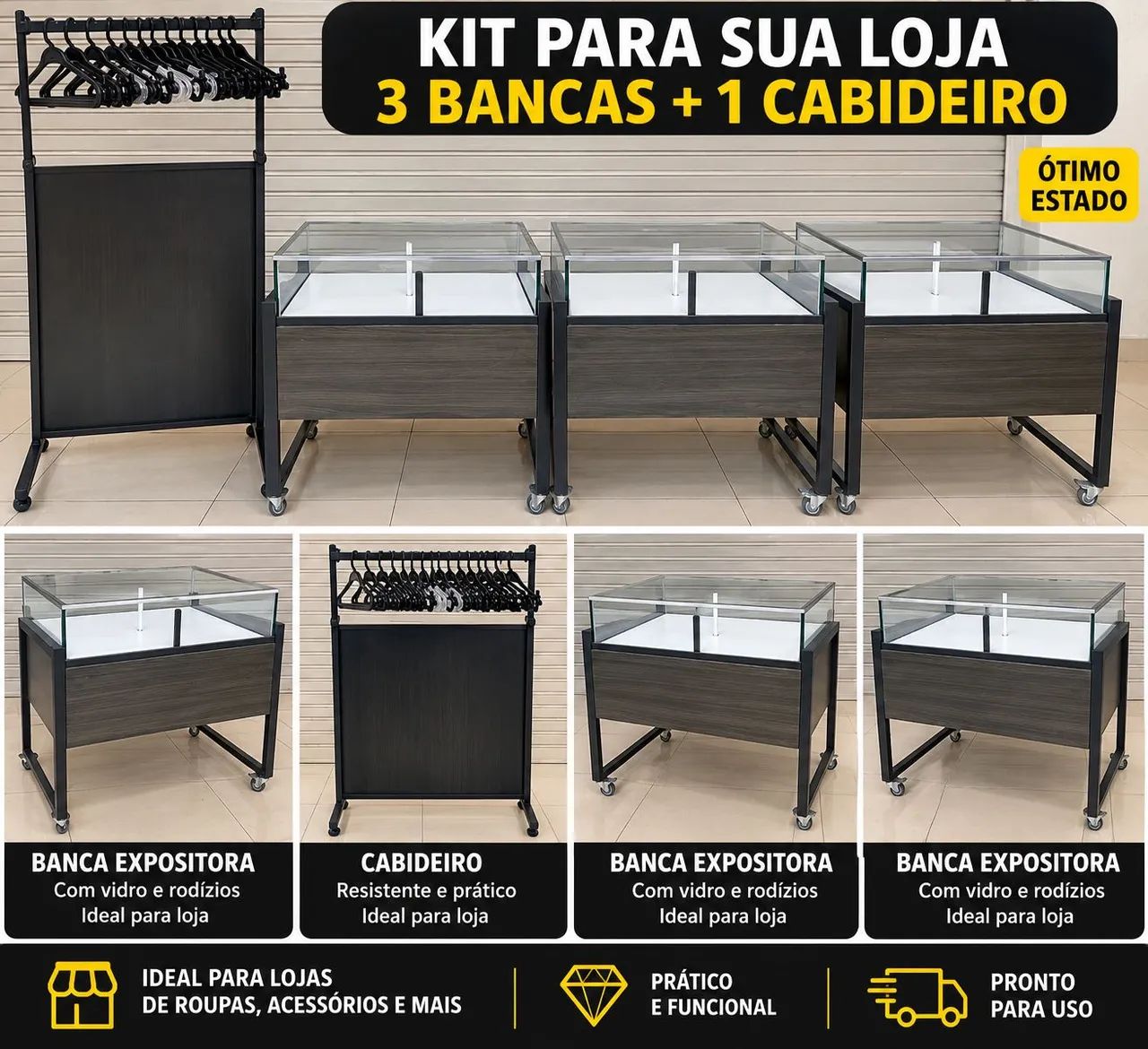 Kit cabideiro + 3 bancas para loja 
