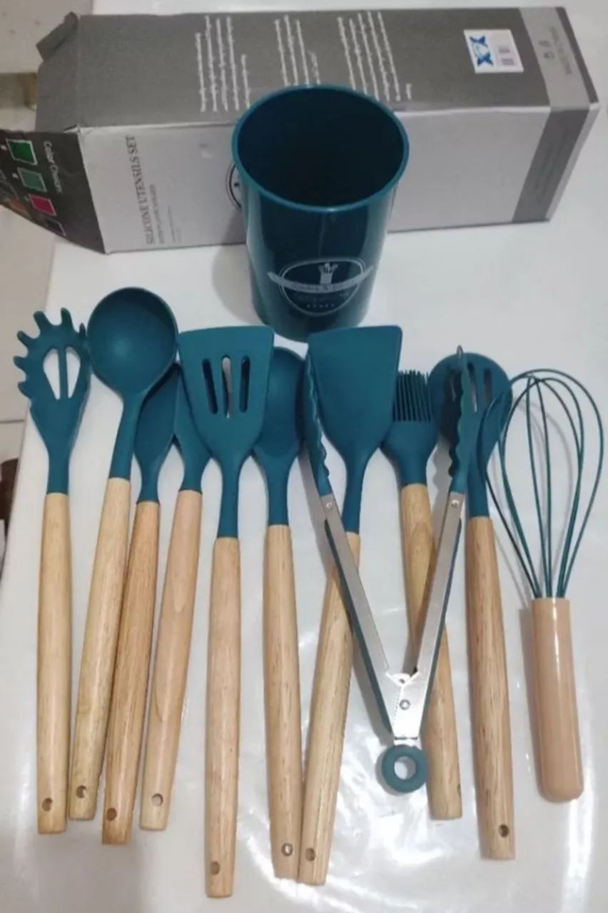 Jogo de utensílios de cozinha kit com 12 peças de silicone e cabo