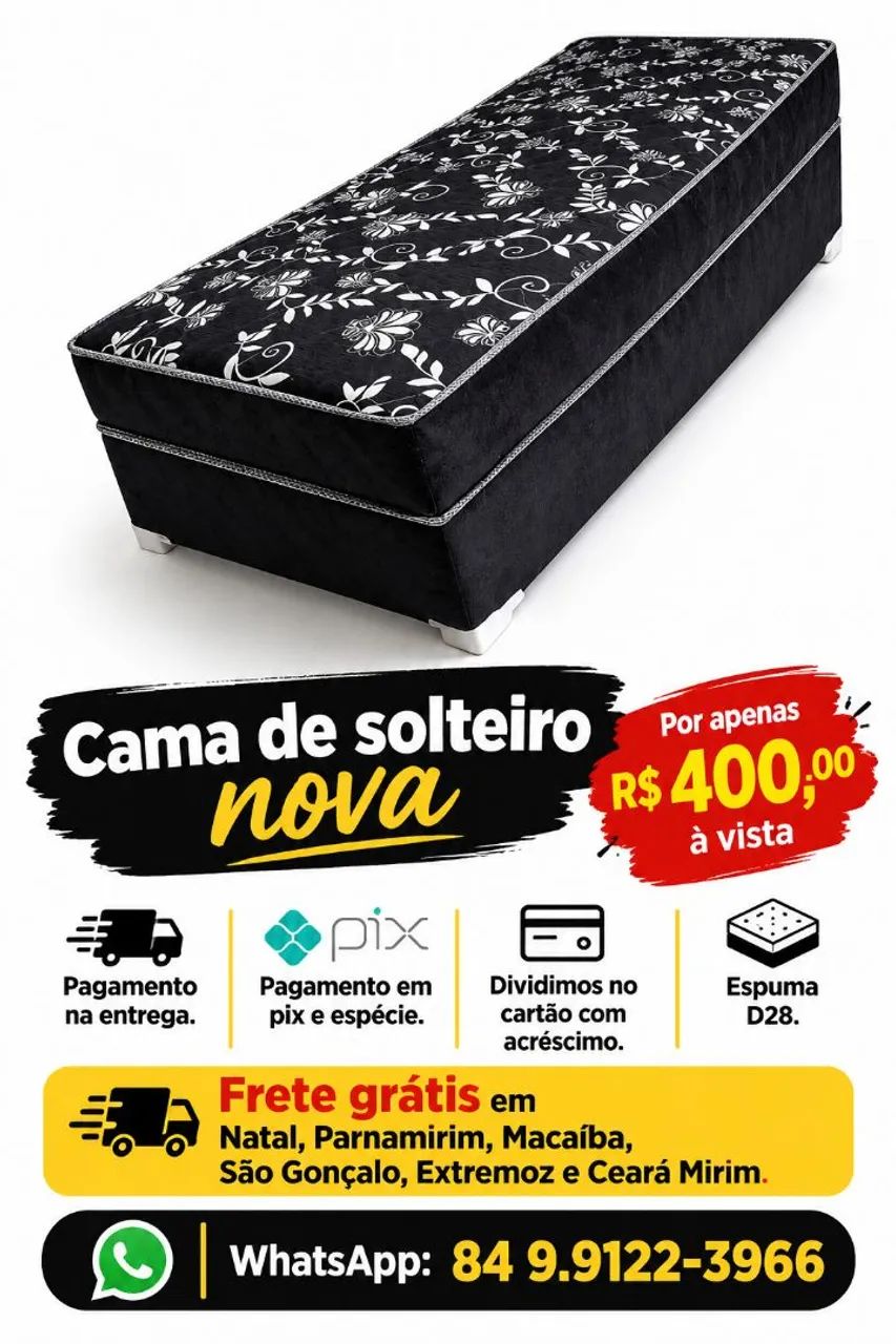 Cama de solteiro nova a venda, com entrega grátis em Natal e região.