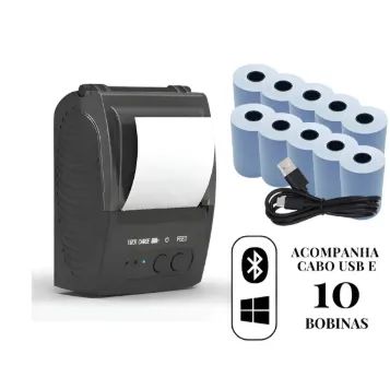 Mini Impressora Termica Usb E Bluetooth Kit C/ 10 Bobinas