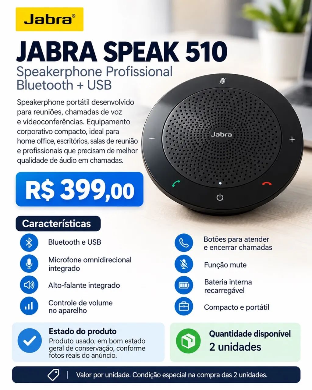 JABRA SPEAK 510 - SPEAKERPHONE PROFISSIONAL BLUETOOTH + USB