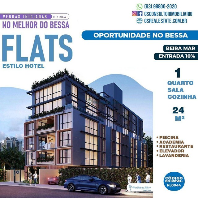 Cód:FL44 - Flat estilo hotel, Bessa, | Beira Mar, 21,97m², | Qt, Sala, Pisc. Rest. Acad.