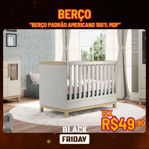 Berço Padrão Americano em MDF com Transformação em Minicama e Varal para Mosquiteiro