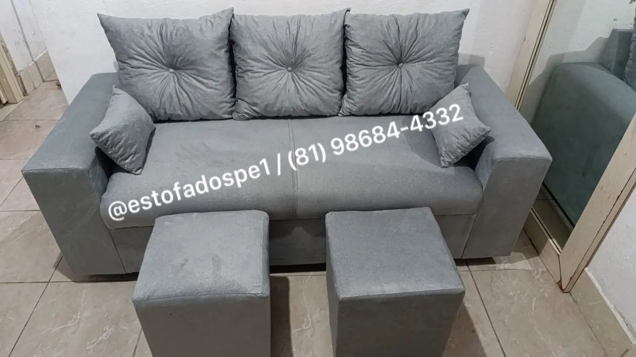Sofá Compacto 3 lugares 1.75m + 2 puffs 490$ pix