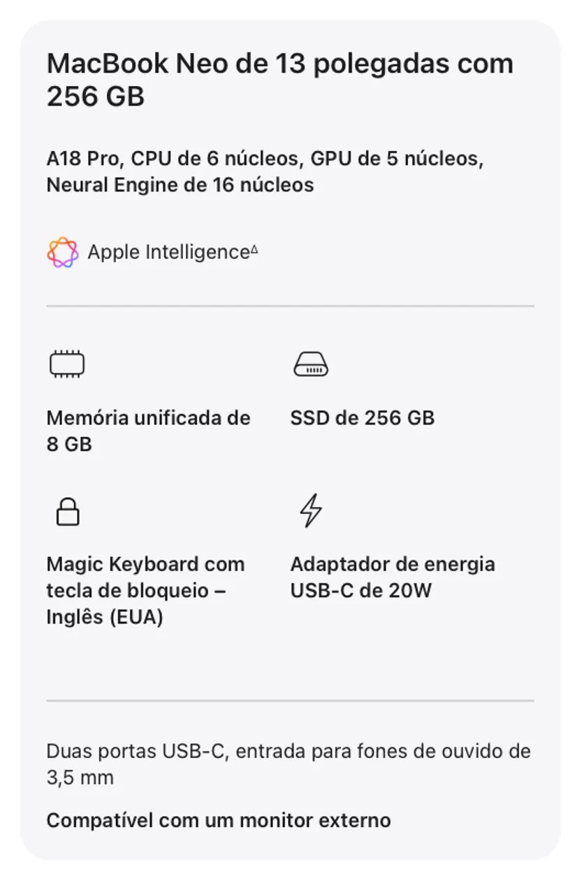 Apple Macbook Neo 13" A18 Pro 8GB Ram/256GB SSD  (2026) - Silver - Foto 2