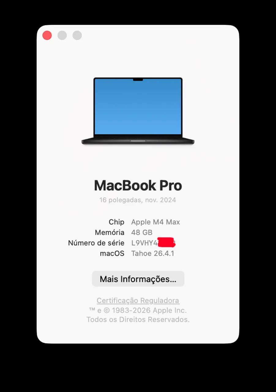 Macbook pro 16 polegadas m4 max 48gb / 1tb AppleCare+ 12/11/2026