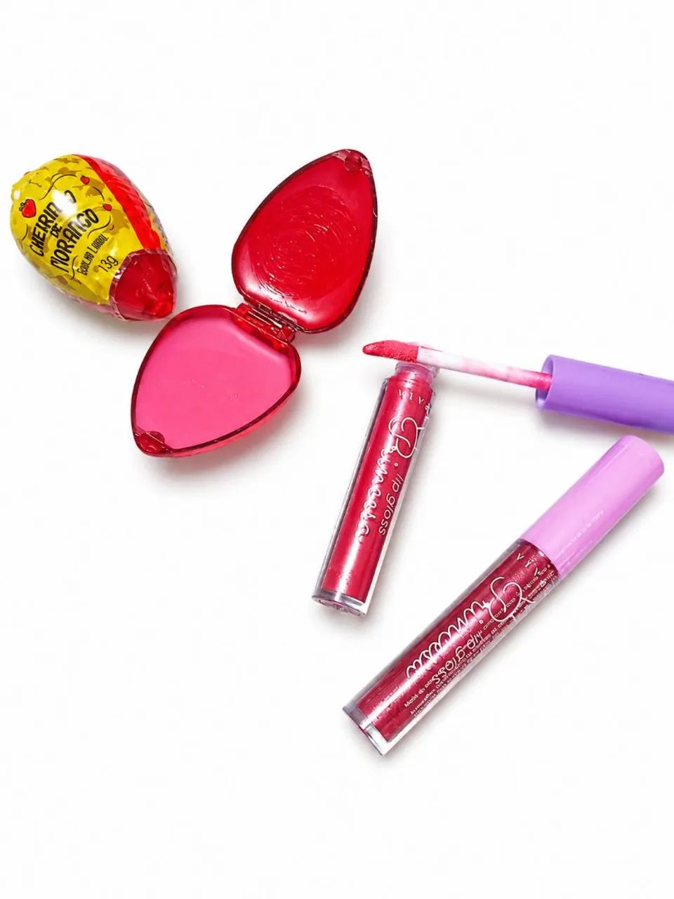 Kit 2 Lip gloss Princesa + 1 brilho labial moranguinho fofo