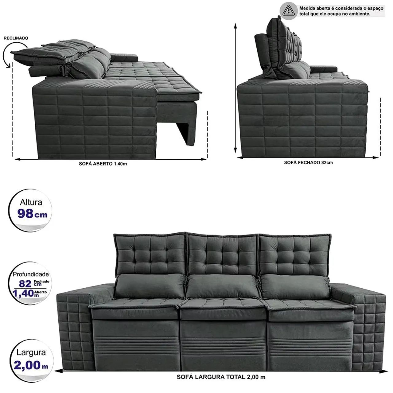 Sofá 3 Lugares Retrátil e Reclinável Cama inBox Senses 2,00m Velusoft Cinza - Foto 3