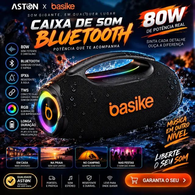 Caixa de Som Bluetooth Basike 80W com RGB e Proteção IPX6 (novo na caixa)